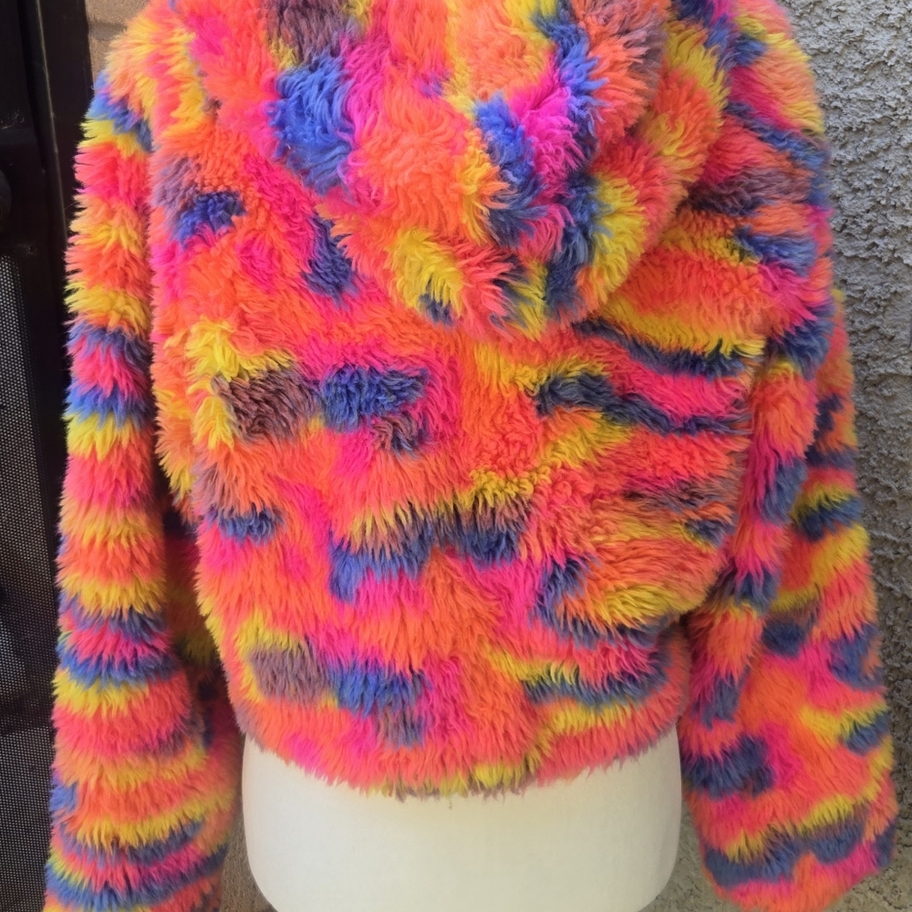 Hot & Delicious Vibrant Multicolor Faux Fur Zip Jacket - Neon Rainbow - Picture 6 of 9